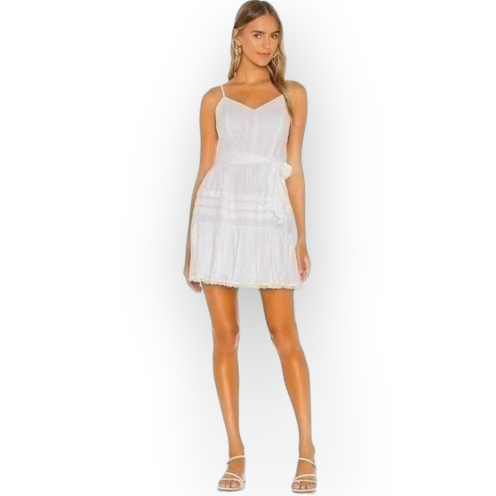 1. STATE Eyelet Spaghetti Strap Belted Flounce Dress, White 12
